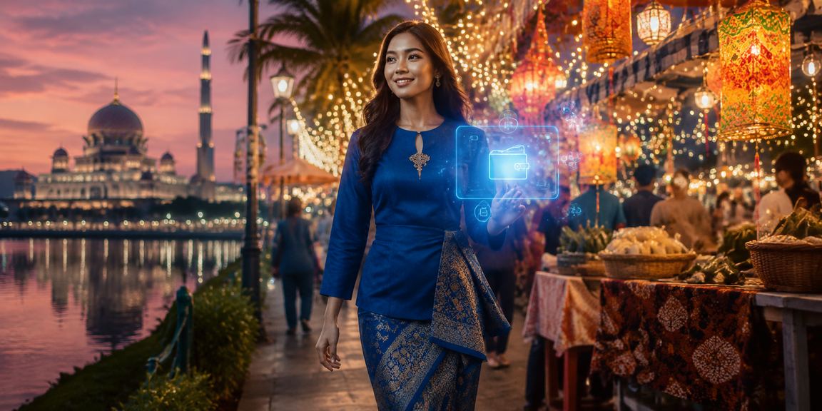 Wanita berbaju kurung di Putrajaya menggunakan aplikasi pertaruhan dalam talian bergaya Melayu